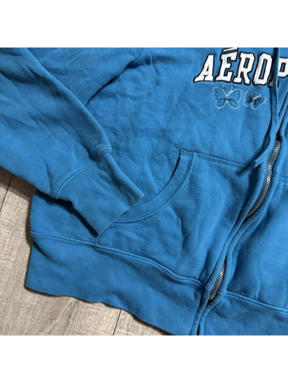 Y2K Aeropostale Rare Embroidered Butterfly Cropped Hoodie Jacket Blue Women L - Picture 4 of 10